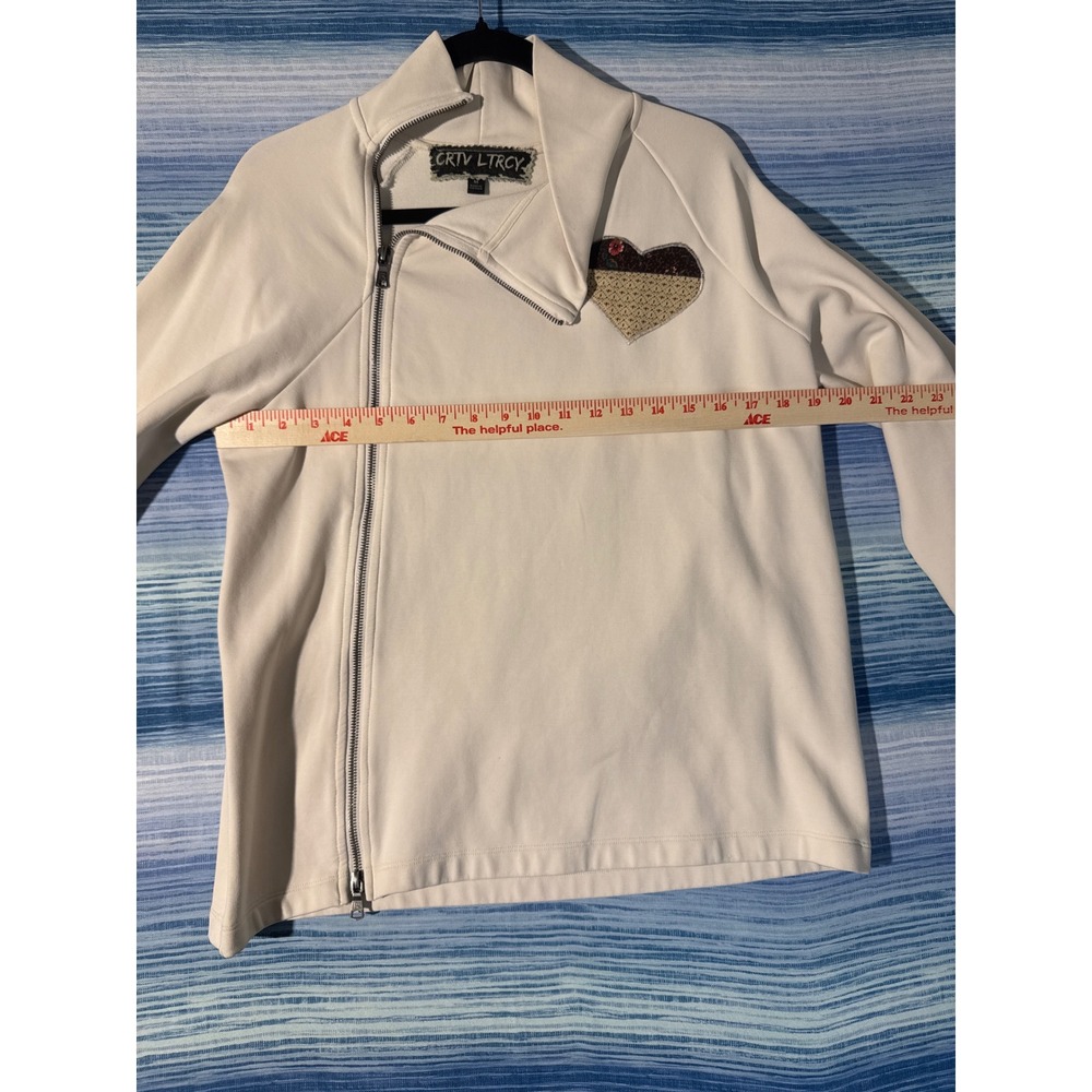 Upcycled Moto Sweatshirt Off White Quilt Star Heart Applique Patchwork Womens M - Picture 4 of 8